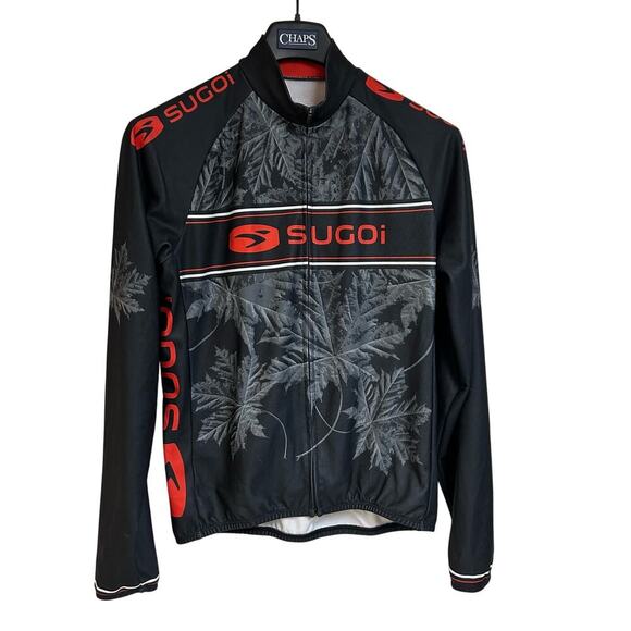 Sugoi Cycling Top Long Sleeve Black Gray Leaf Pattern Back Pocket Lined Size L - Picture 1 of 10